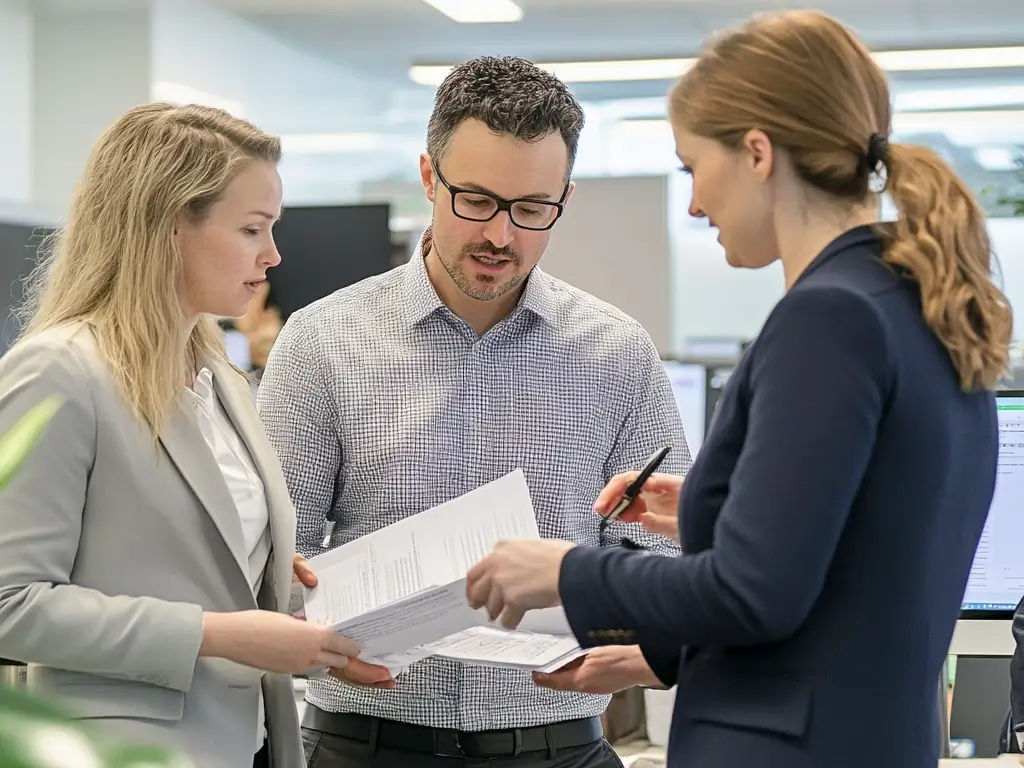 Ein interner Auditor bewertet Prozesse in einem modernen Büro, führt Interviews mit Mitarbeitern und prüft Dokumentationen.
