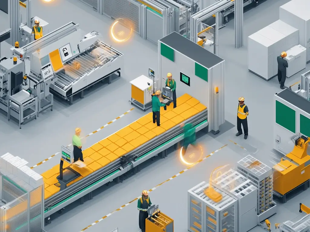 Eine optimierte Fabrikumgebung mit klaren Arbeitsabläufen, effektiver Zusammenarbeit von Mitarbeitern und deutlich sichtbaren Qualitätsstandards.