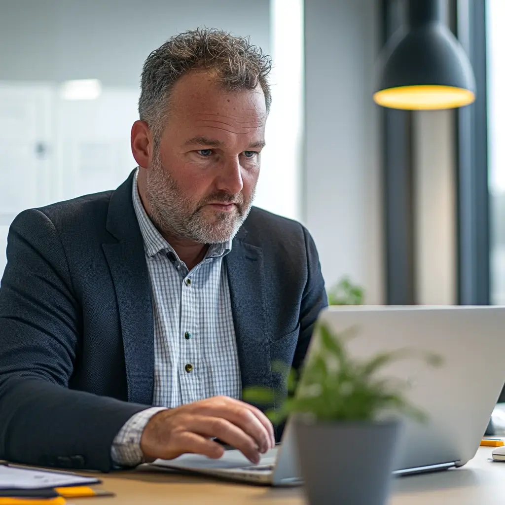 Ein Auditor überprüft in einem modernen Büro die neuen ISO 9001-Anforderungen zum Klimawandel auf einem Laptop, mit hervorgehobenen Vorschriften.
