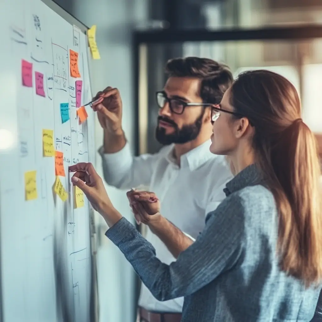 Ein Geschäftsteam in einem modernen Konferenzraum diskutiert die Roadmap zur ISO 9001 Implementierung, mit strategischer Planung auf einem Whiteboard.
