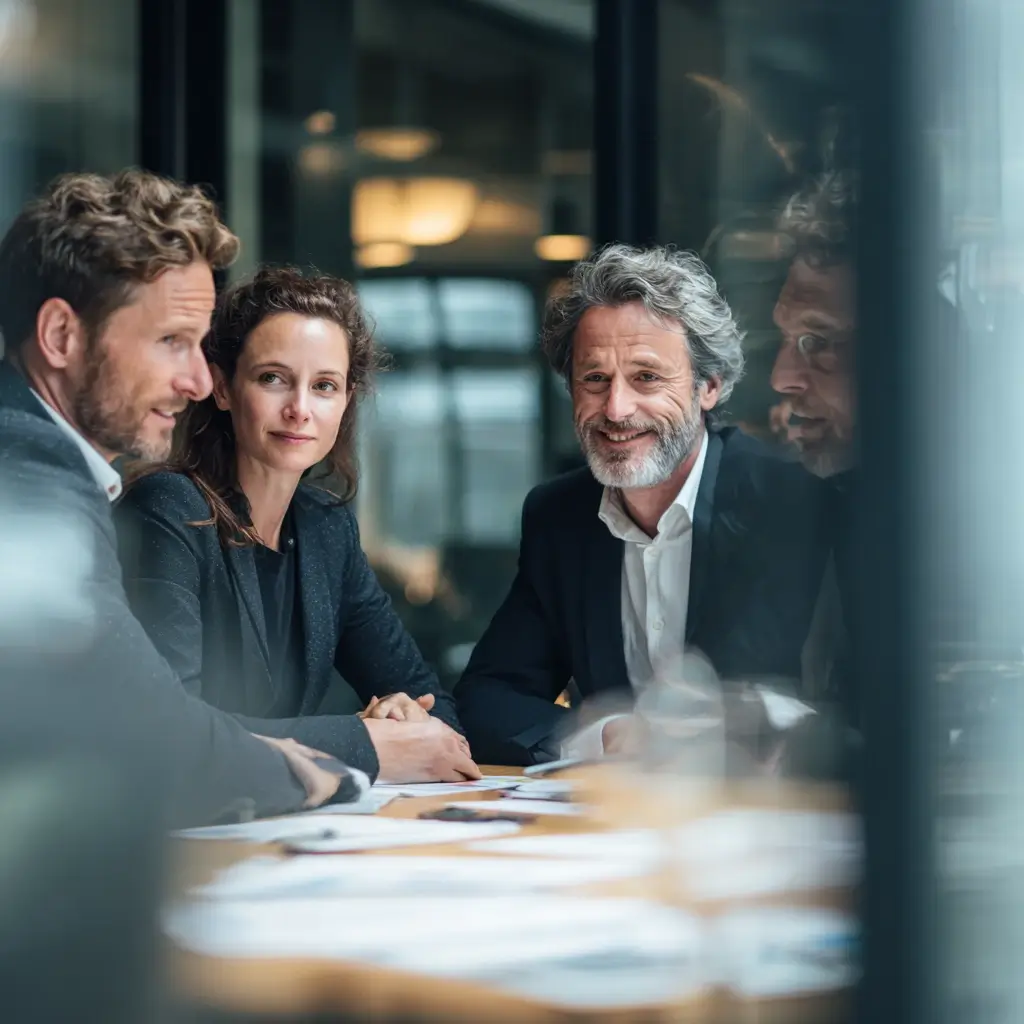 Führungskräfte diskutieren die Einführung von ISO 9001 in einem modernen Besprechungsraum mit Unterlagen und Diagrammen.