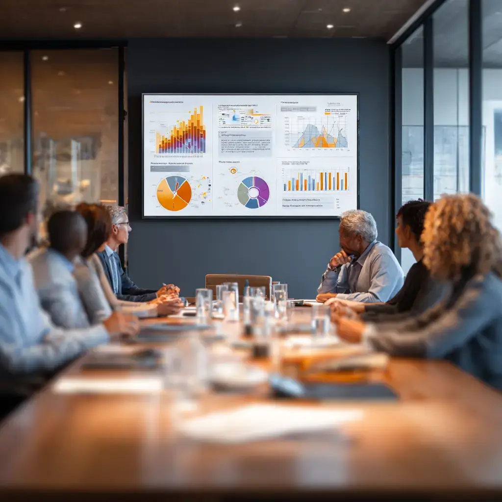 Teammeeting mit visuellen Diagrammen und aktiver Diskussion – Symbol für Wissenstransfer und Kommunikation als Teil der ISO 9001 Unterstützung.