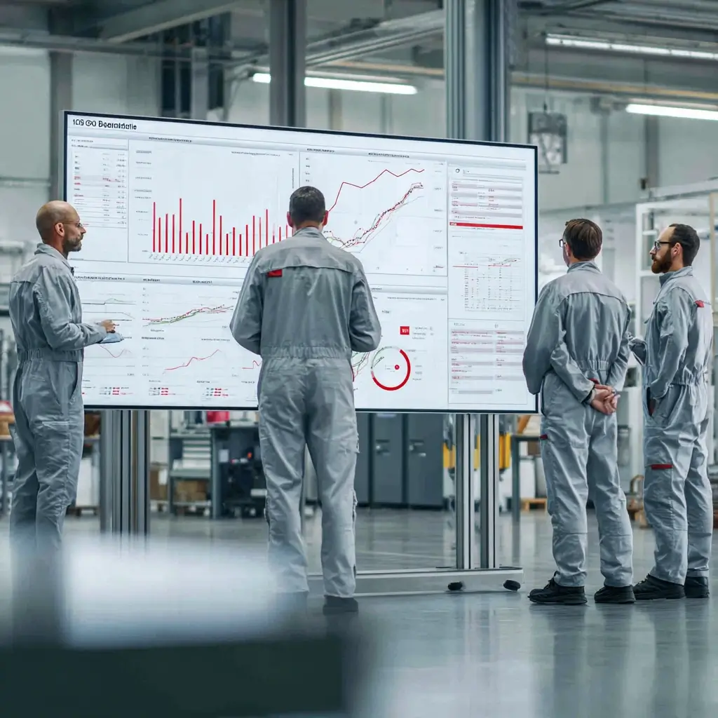 Shopfloor-Meeting im ISO 9001 Betrieb: Team steuert Prozesse anhand eines visuellen Kennzahlenboards mit Diagrammen und Trends. ISO 9001 Betrieb