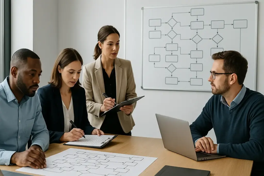 Team im Konferenzraum führt Interne Audits durch und prüft Prozesse auf Laptop und Whiteboard.