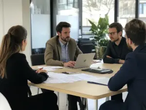 Ein Berater und ein Team prüfen ISO 9001-Dokumentationen und planen den Ablauf des Zertifizierungsaudits in einem hellen Besprechungsraum.