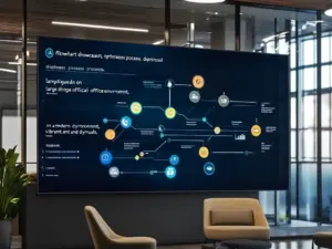 Ein digitales Flussdiagramm zeigt optimierte Geschäftsprozesse auf einem großen Bildschirm in einem modernen Büro.