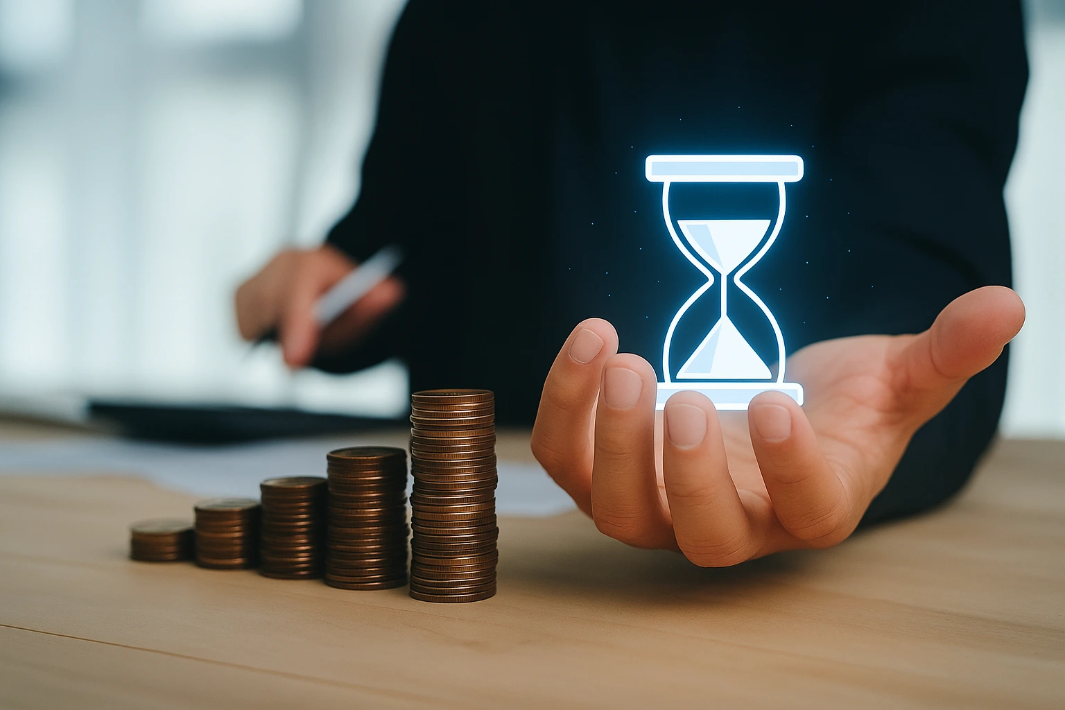 Symbolbild: Münzen und leuchtende Sanduhr in der Hand – ISO 9001 Zertifizierung ohne Akkreditierung zeigt Kostenvorteile und Zeitersparnis für Unternehmen.