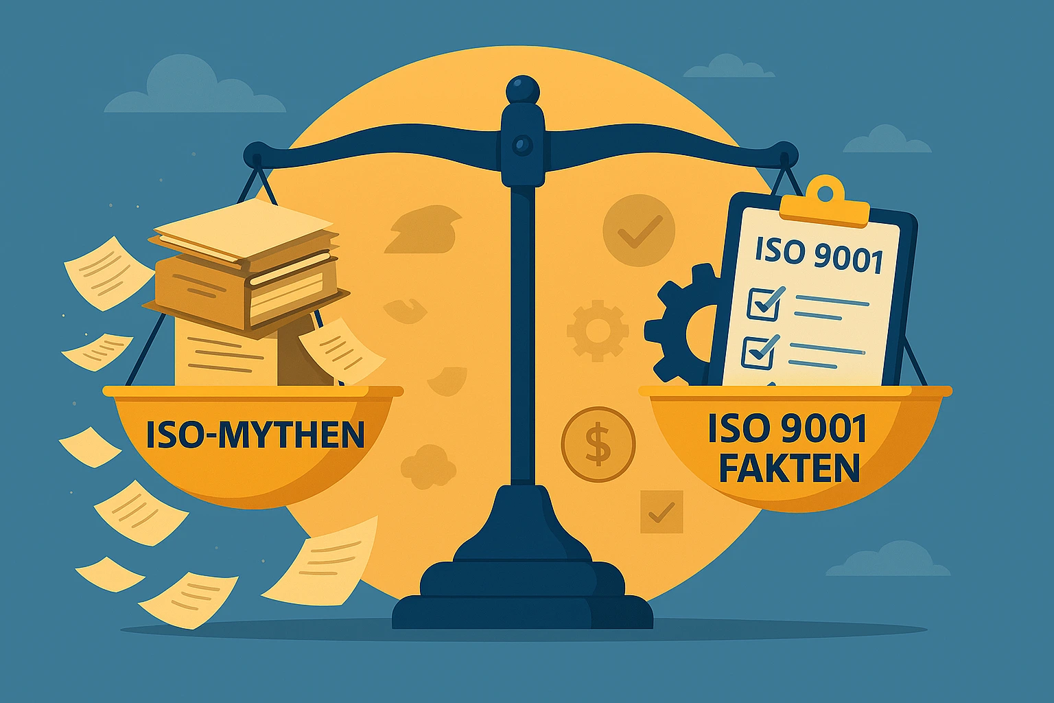 Illustration von Waagschalen: ISO 9001 Fakten überwiegen ISO Mythen. Darstellung für KMU, die zeigt, dass faktenbasierte Zertifizierung im Qualitätsmanagement mehr Gewicht hat als Vorurteile.