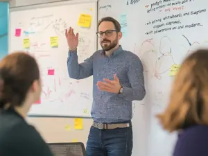 Ein Team definiert Qualitätsziele in einem hellen Besprechungsraum, unterstützt durch Diagramme und Notizen auf einem Whiteboard.