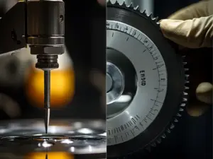 Ein Vergleich zwischen Messen mit einem Messschieber und Prüfen durch visuelle Inspektion, dargestellt auf einem geteilten Bildschirm.