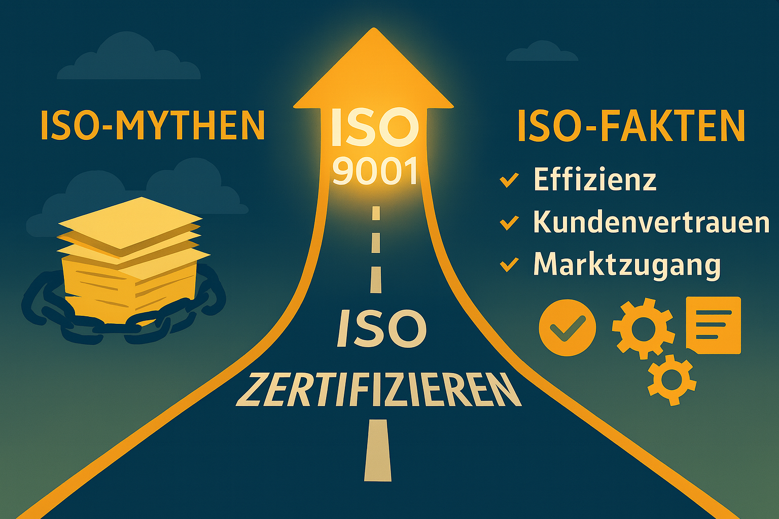 Illustration einer Straße mit Richtungspfeil: ISO-Mythen vermeiden, ISO 9001 Fakten umsetzen – Erfolgsstrategien für KMU