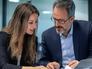 Ein Berater und ein Manager analysieren die Ergebnisse eines Audits und erstellen einen Maßnahmenplan zur Behebung von Abweichungen.