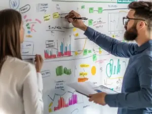 Ein Team definiert Qualitätsziele in einem hellen Besprechungsraum, unterstützt durch Diagramme und Notizen auf einem Whiteboard.