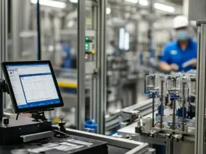 Mitarbeiter in einer Produktionslinie nutzen Inspektionswerkzeuge und eine digitale Checkliste, um die Qualität zu überprüfen.