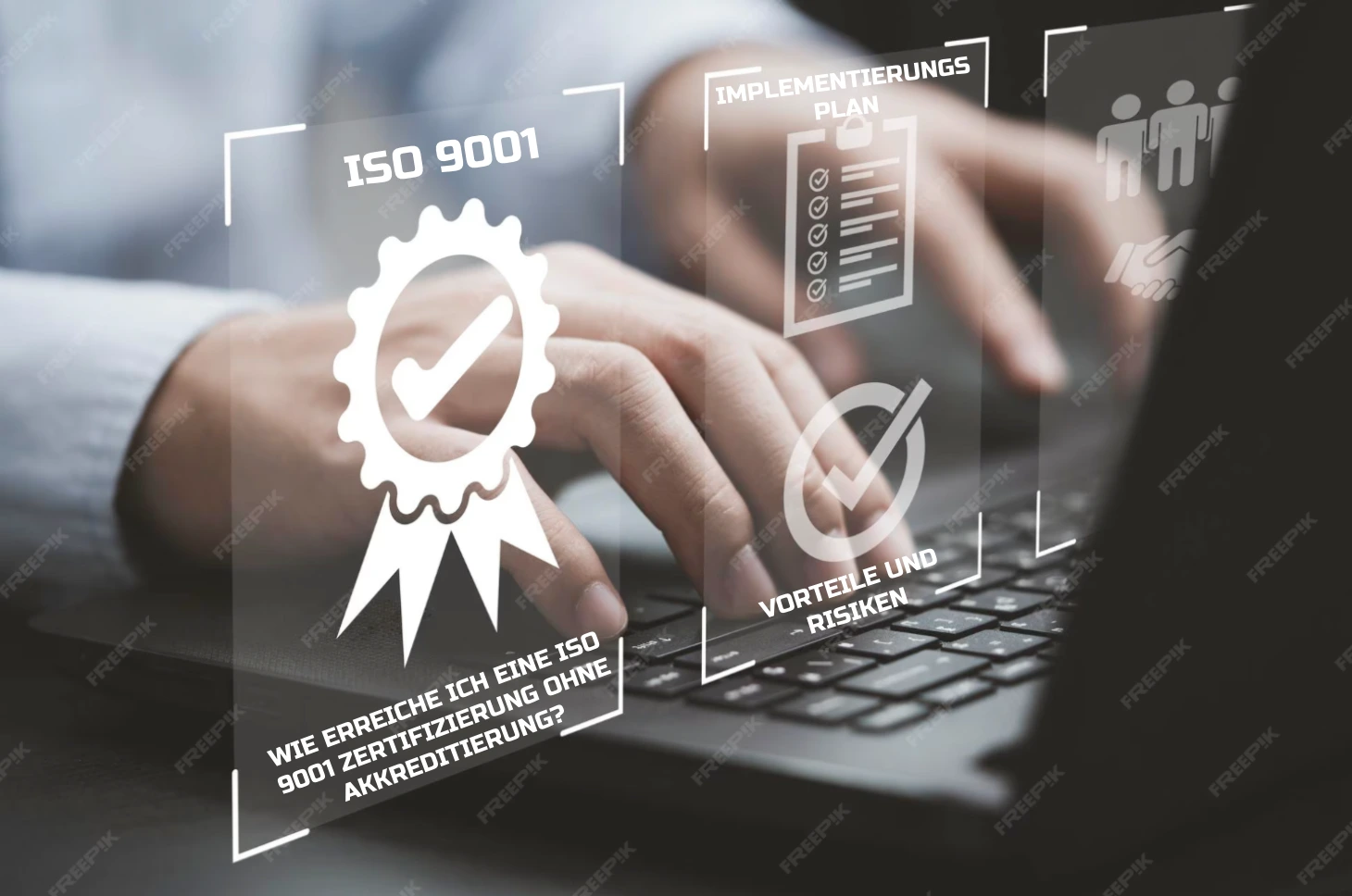 Business-Mitarbeiter recherchiert am Laptop nach ISO 9001 Zertifizierung ohne Akkreditierung – Vorteile, Risiken und Implementierungsplan