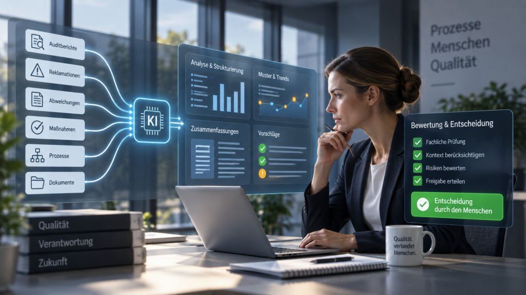 KI im Qualitätsmanagement – künstliche Intelligenz analysiert und strukturiert Informationen, der Mensch bewertet und entscheidet