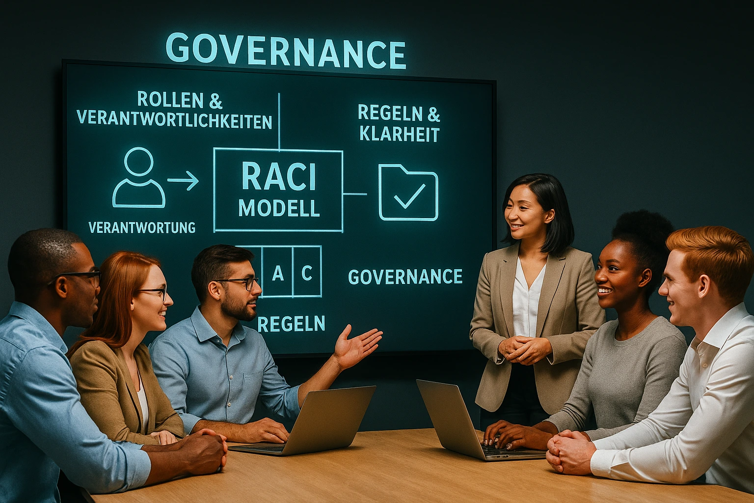 Business-Team erklärt Governance mit RACI-Modell – klare Rollen, Regeln und Verantwortlichkeiten für erfolgreiches Qualitätsmanagement nach ISO 9001 ohne DAkkS