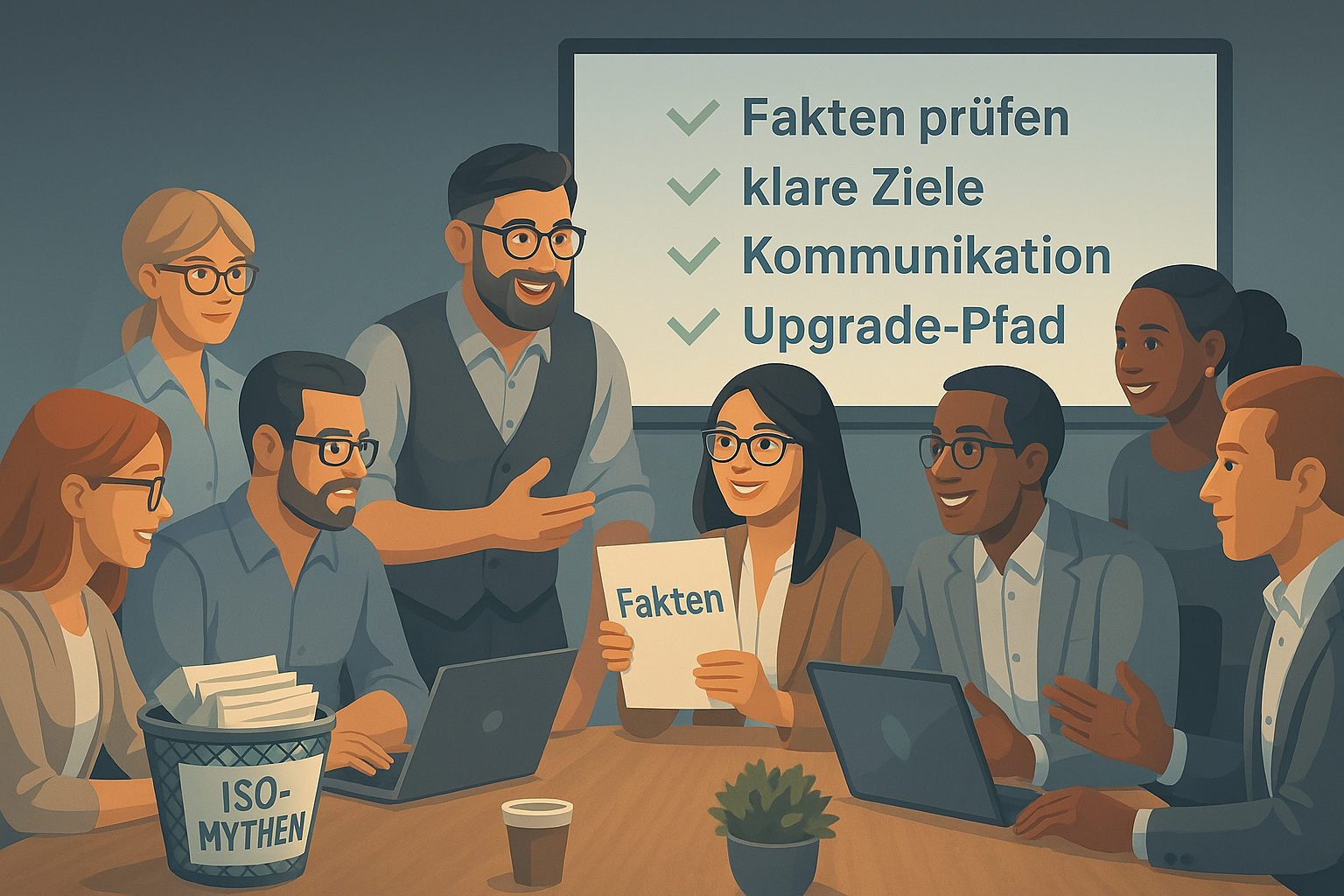 Illustration: KMU vermeiden ISO Mythen und setzen ISO 9001 Fakten um – effiziente Tipps für kleine Unternehmen