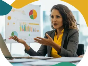 Ein Berater erklärt Auditstrategien mit Diagrammen und visuellen Hilfsmitteln in einem modernen Konferenzraum.