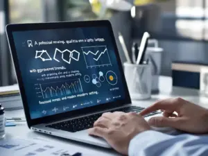 Ein Mitarbeiter analysiert Qualitätsdaten auf einem Laptop, mit Diagrammen zu Verbesserungstrends und einer Checkliste auf dem Schreibtisch.