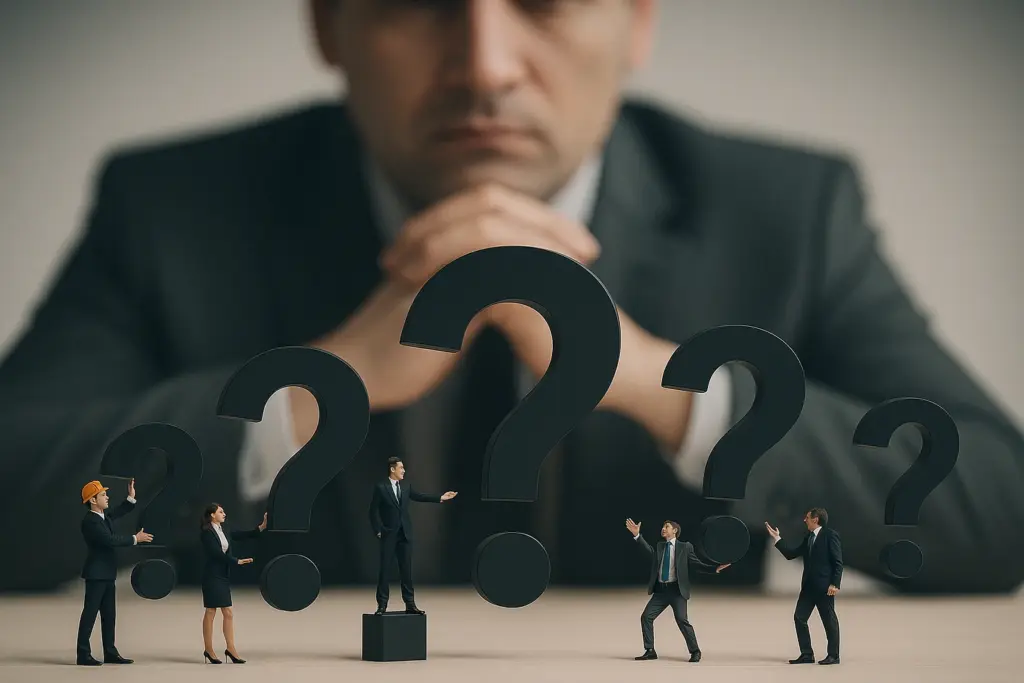 Geschäftsleute stehen vor großen Fragezeichen – Symbol für typische Fragen und Antworten rund um die ISO 9001 Schulung.