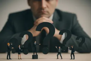 Geschäftsleute stehen vor großen Fragezeichen – Symbol für typische Fragen und Antworten rund um die ISO 9001 Schulung.
