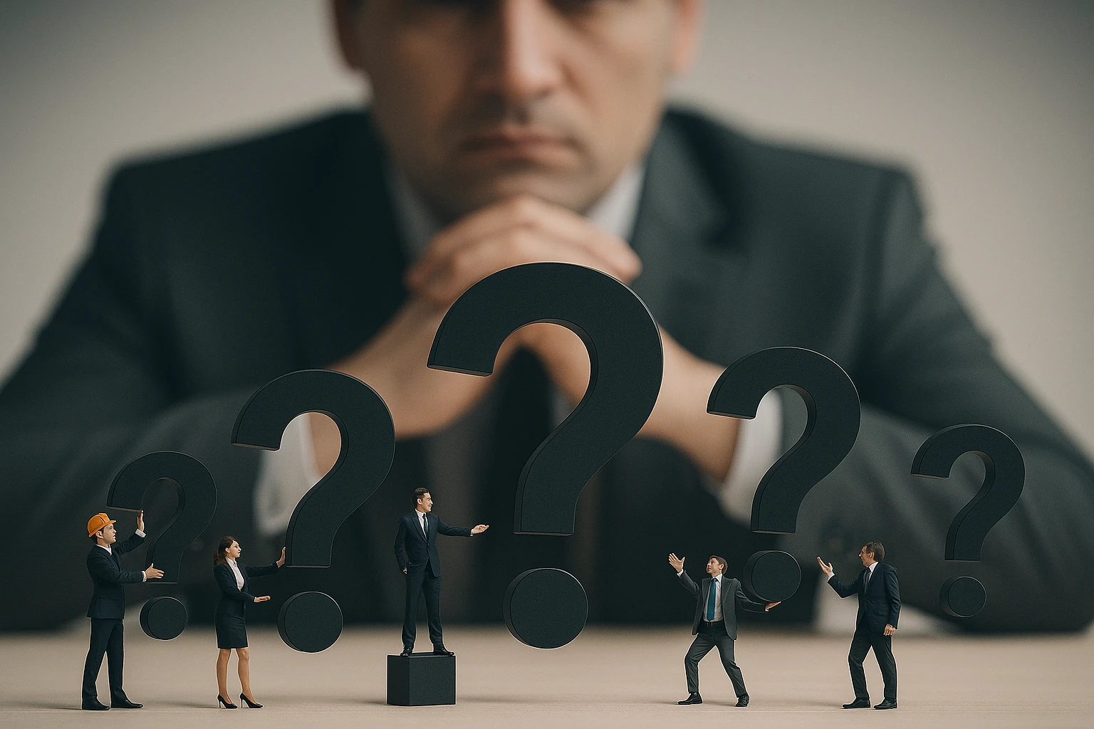 Geschäftsleute stehen vor großen Fragezeichen – Symbol für typische Fragen und Antworten rund um die ISO 9001 Schulung.