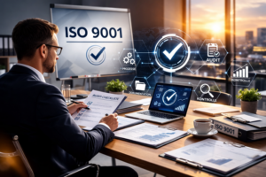 Auditor beim ersten ISO 9001 Überwachungsaudit mit Checkliste und Qualitätsmanagement-Dokumenten im modernen Büro