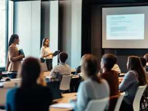 Eine Schulungssitzung für interne Auditoren in einem Seminarraum, mit einem Vortragenden, der Inhalte auf einer Präsentationsfolie erklärt.