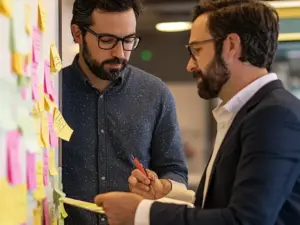 A consultant and a business manager working together on improving a quality management manual, brainstorming with notes and diagrams in a bright meeting room.