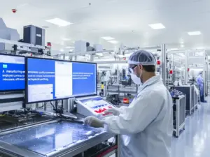 Ein Produktionsumfeld, in dem Mitarbeiter Qualitätskontrollwerkzeuge nutzen, um Produktstandards sicherzustellen, in einer sauberen und effizienten Umgebung.