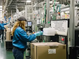 Ein Produktionsumfeld, in dem Mitarbeiter Qualitätskontrollwerkzeuge nutzen, um Produktstandards sicherzustellen, in einer sauberen und effizienten Umgebung.