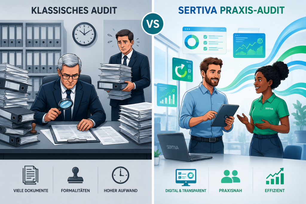 ISO 9001 Audit Vergleich: Klassisches Zertifizierungsaudit und Sertiva Praxis-Audit im direkten Vergleich
