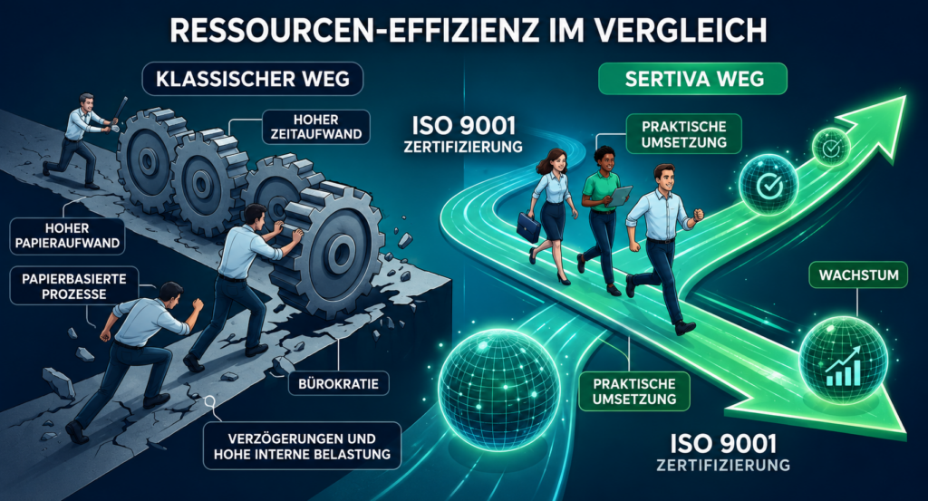 Vergleich von Zeitaufwand, Dokumentationsaufwand und Ressourceneinsatz bei klassischer ISO 9001 Zertifizierung und dem praxisorientierten Sertiva Ansatz