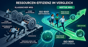 Vergleich von Zeitaufwand, Dokumentationsaufwand und Ressourceneinsatz bei klassischer ISO 9001 Zertifizierung und dem praxisorientierten Sertiva Ansatz