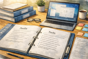 Arbeitsplatz mit ISO-9001-Audit-Dokumentation, offenen Auditunterlagen und Laptop zur Vorbereitung auf das Zertifizierungsaudit