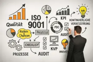 Business-Trainer schreibt ISO 9001 an eine Tafel mit Symbolen für Qualität, Prozesse, Risiken & Chancen, Audit, KPI und kontinuierliche Verbesserung – Darstellung der zentralen Inhalte einer ISO 9001 Schulung.