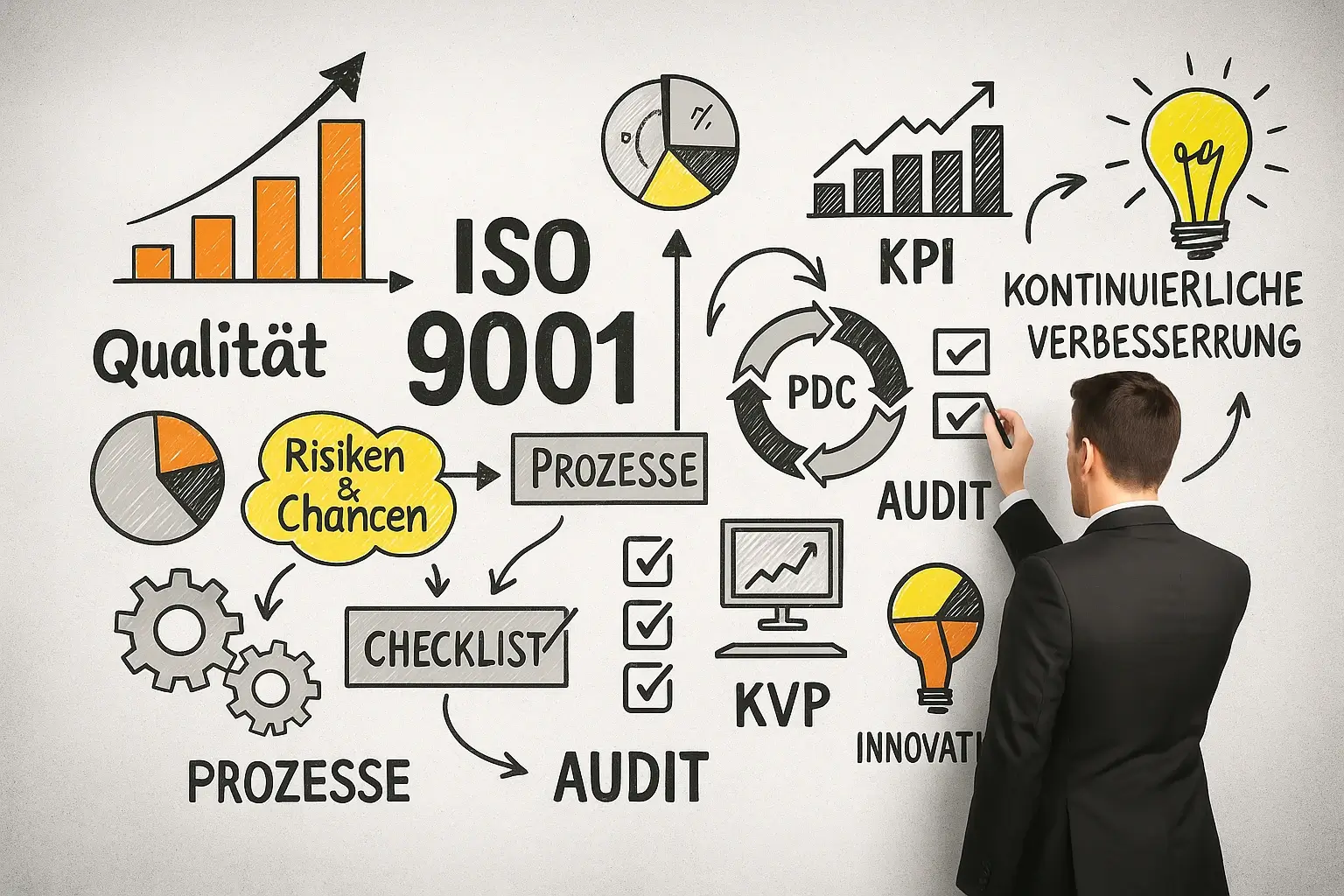 Business-Trainer schreibt ISO 9001 an eine Tafel mit Symbolen für Qualität, Prozesse, Risiken & Chancen, Audit, KPI und kontinuierliche Verbesserung – Darstellung der zentralen Inhalte einer ISO 9001 Schulung.
