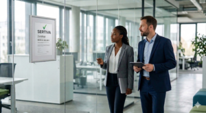 Führungskräfte eines Unternehmens betrachten interessiert ein Sertiva Zertifikat an einer Glaswand im Büro