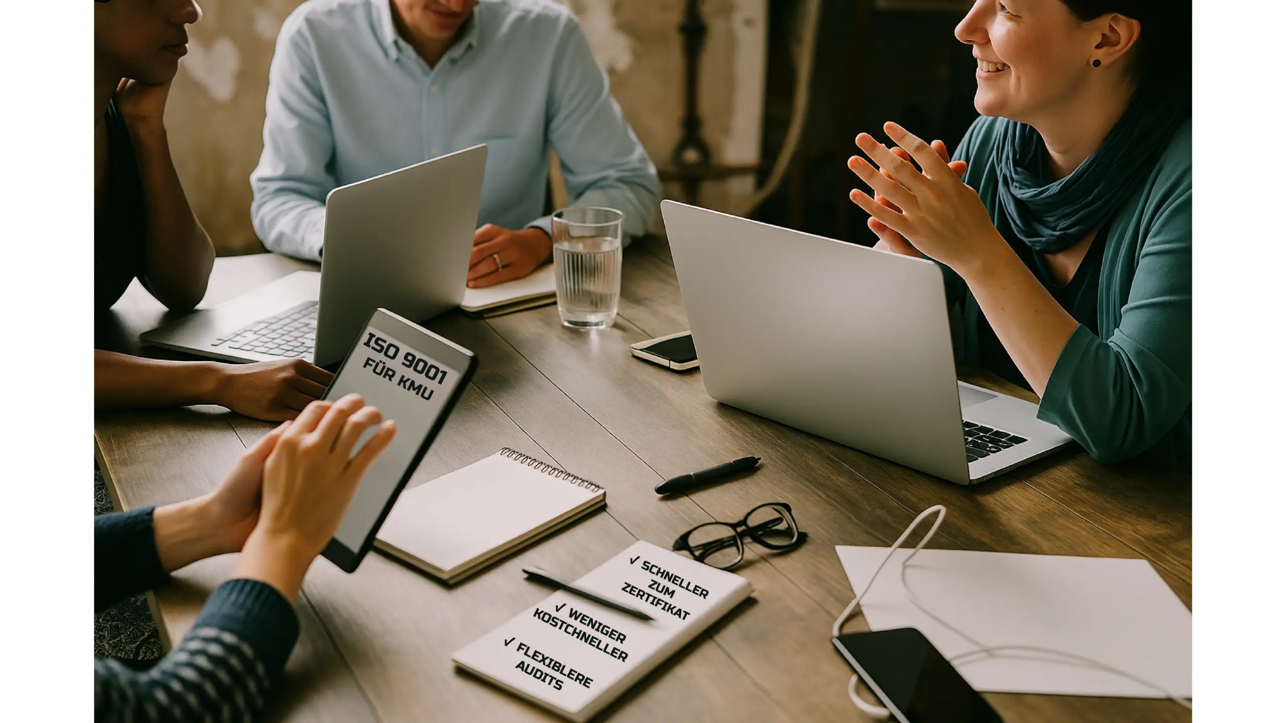 ISO 9001 ohne Akkreditierung für KMU – Teammeeting mit Laptop, Tablet und Notizen zur Einführung eines Qualitätsmanagementsystems.