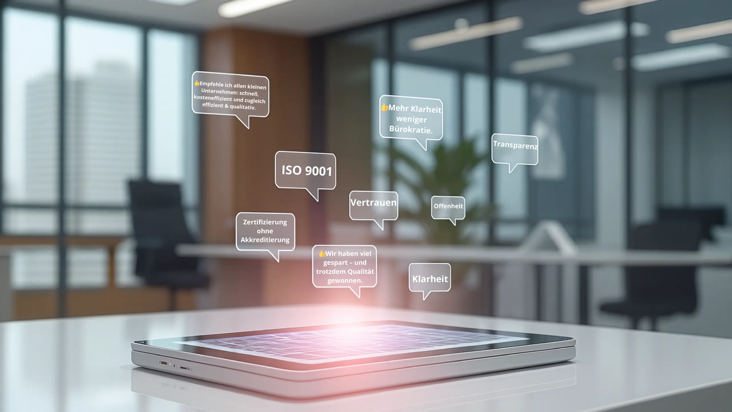 Digitale Illustration: ISO 9001 Zertifizierung ohne Akkreditierung mit Symbolen für Vertrauen, Transparenz, Klarheit und Kommunikation – Vorteile für kleine und mittlere Unternehmen (KMU).