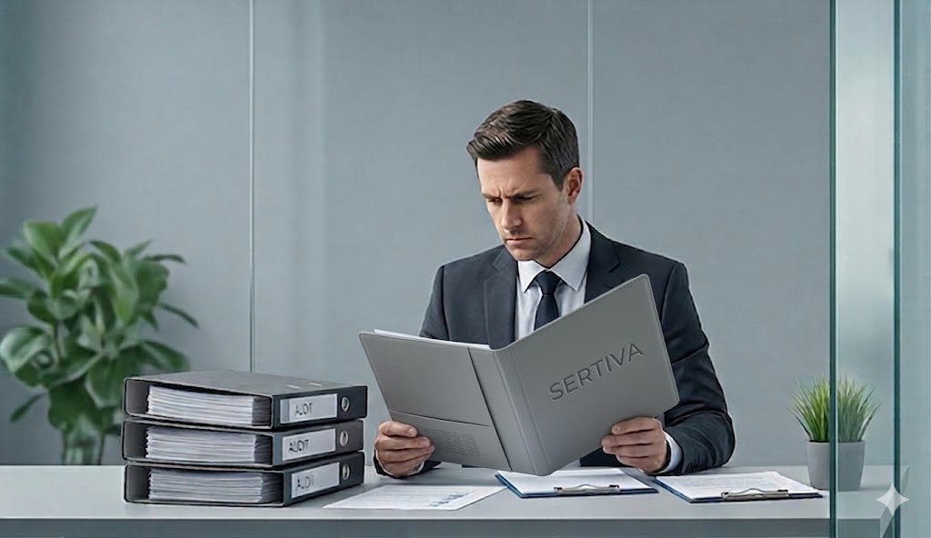 Manager analysiert Unterschiede der Sertiva Zertifizierung gegenüber klassischen Zertifizierungsstellen im Büro