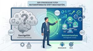 Illustration zur strategischen Entscheidungsfindung zwischen Bauchgefühl und Nutzwertanalyse bei der Wahl einer Sertiva Zertifizierung nach ISO 9001