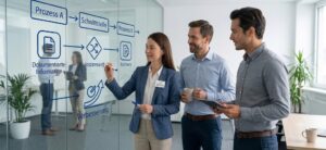Auditorin und Unternehmensvertreter besprechen Prozesse, dokumentierte Informationen und Auditnachweise während eines ISO-Audits bei Sertiva.