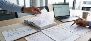 Auditor und Unternehmensvertreter prüfen dokumentierte Informationen, Auditnachweise und Checklisten während eines ISO-Audits.