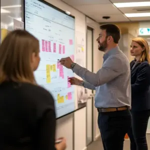 Fachleute analysieren eine Risikomatrix im ISO 9001-Kontext während eines Meetings im Büro.