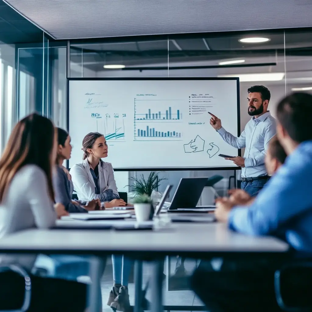 Ein Geschäftsteam diskutiert in einem Konferenzraum die Vor- und Nachteile eines internen und externen Datenschutzbeauftragten mit einer Analyse auf einem Whiteboard.