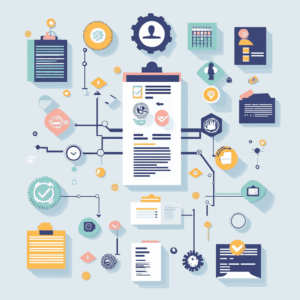 Illustration einer ISO 9001-Kostenübersicht mit Symbolen für Beratung, Audit und Dokumentation in modernen Pastelltönen.