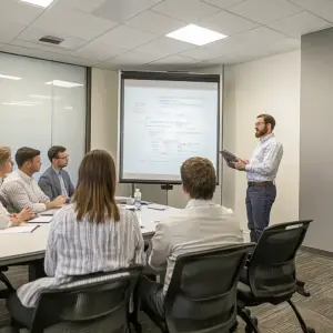 Eine Schulung für interne Auditoren in einem modernen Konferenzraum, bei der ein Trainer Audit-Prinzipien erklärt, während Teilnehmer Notizen machen.