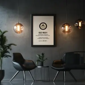 Ein gerahmtes ISO 9001-Zertifikat hängt an einer modernen Büro-Wand, mit hochwertigem Siegel und professionellem Design, ohne sichtbaren Text außer ‘ISO 9001’.